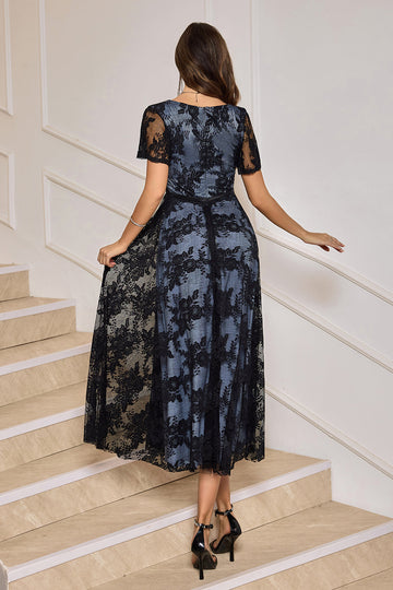 Black A-Line V-Neck Lace Tea-Length Dress with Short Sleeves